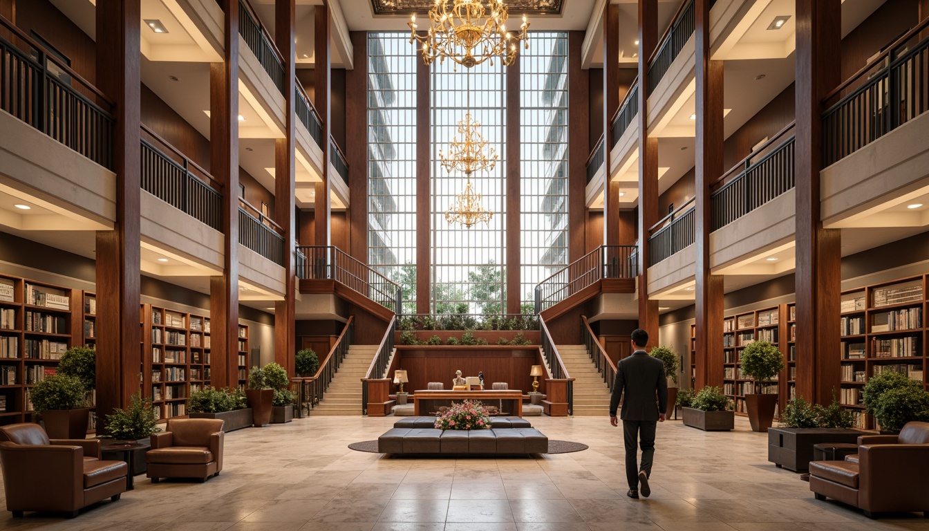 Prompt: Grand courthouse interior, high ceilings, elegant chandeliers, polished marble floors, rich wood paneling, ornate staircases, spacious atriums, natural light pouring in, comfortable seating areas, quiet reading nooks, sophisticated law libraries, advanced courtroom technology, sleek modern furniture, neutral color palette, subtle textures, soft warm lighting, shallow depth of field, 1/2 composition, realistic renderings, ambient occlusion.