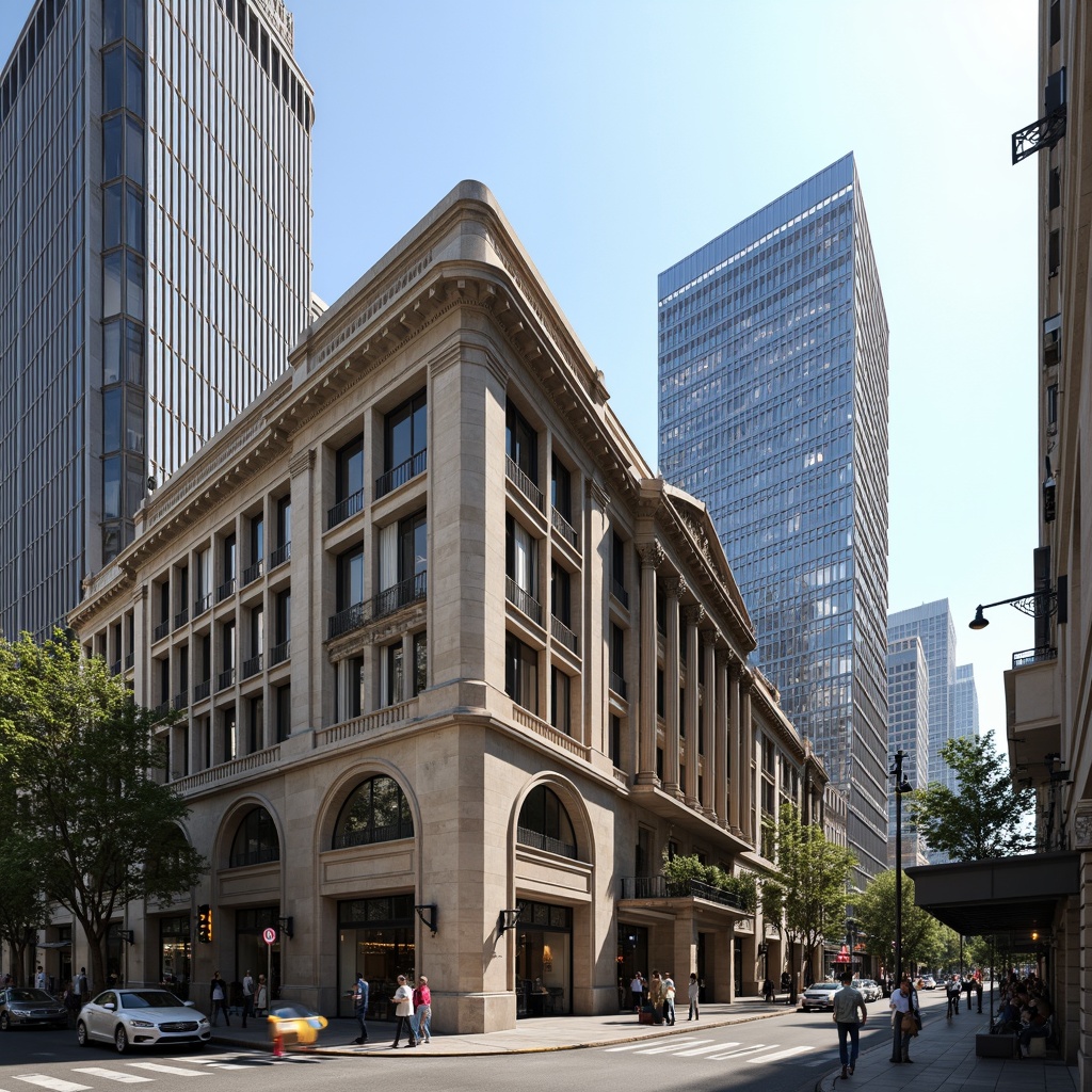 Prompt: Monumental bank building, grandiose entrance, ornate metalwork, symmetrical facades, rectangular windows, vertical pilasters, rusticated stone walls, classical columns, sculpted details, dramatic arches, imposing clock towers, urban cityscape, busy streets, modern skyscrapers, sunny day, sharp contrast lighting, deep depth of field, 2/3 composition, detailed textures, ambient occlusion.