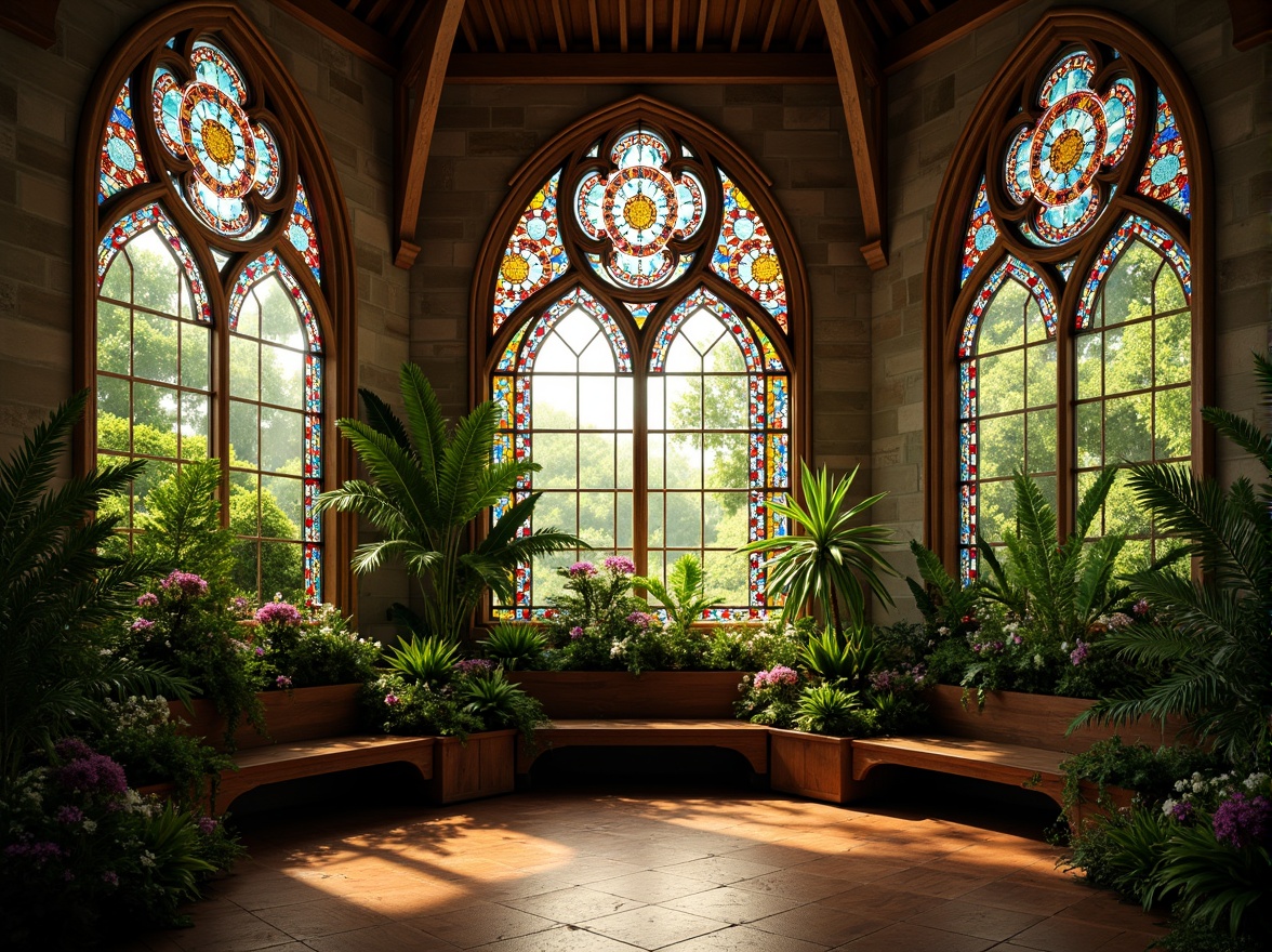 Prompt: Vibrant stained glass windows, intricate Gothic arches, lush greenery, ornate metal frames, colorful floral patterns, warm natural light, humid tropical atmosphere, misty morning dew, delicate ferns, exotic plants, rustic stone walls, grandiose vaulted ceilings, ornate wooden benches, soft warm lighting, shallow depth of field, 1/1 composition, realistic textures, ambient occlusion.