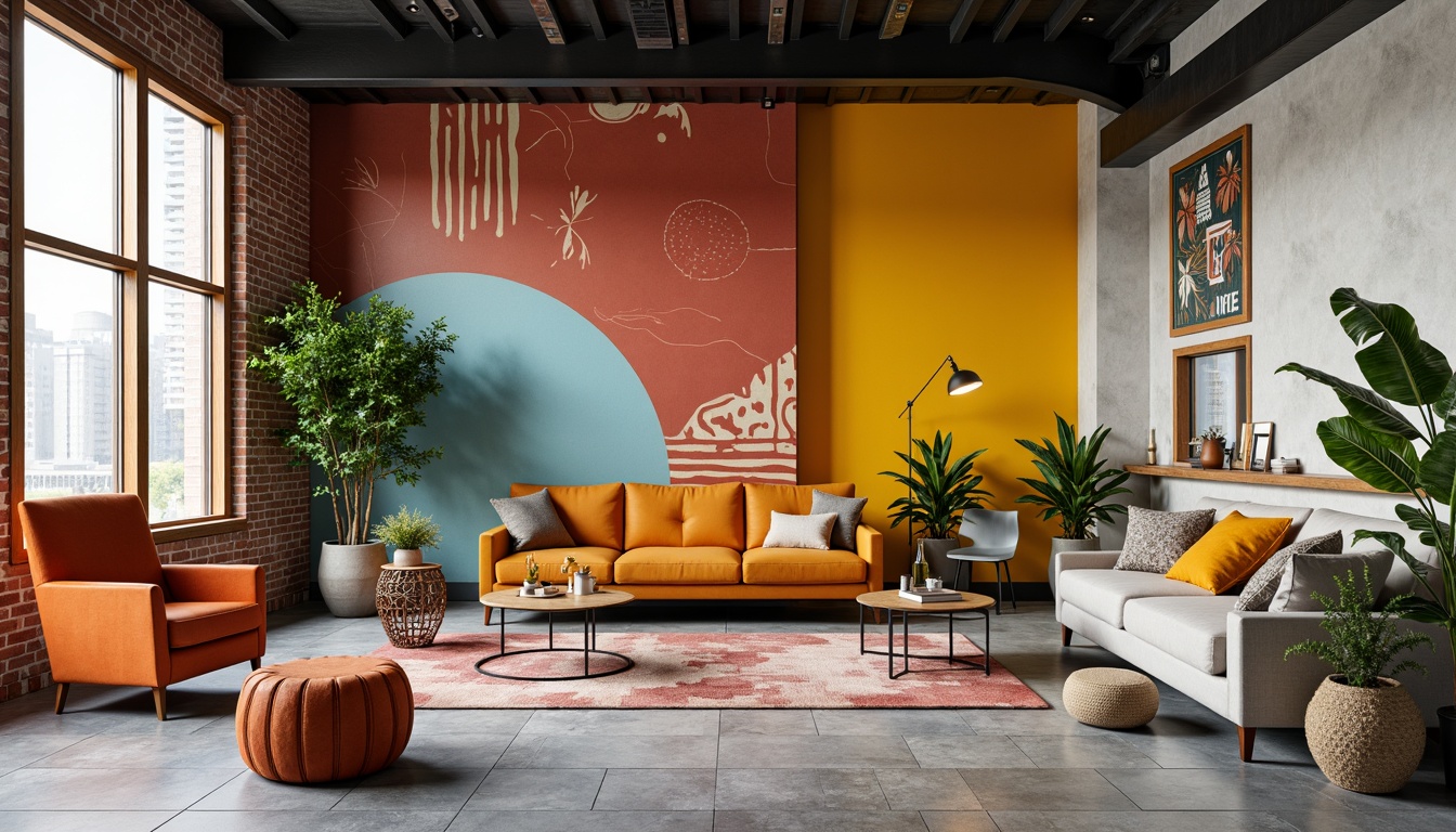 Prompt: Vibrant modern design studio, trendy furniture pieces, sleek metal accents, rich wood tones, bold graphic patterns, bright accent walls, natural stone flooring, large windows, abundant daylight, soft warm lighting, shallow depth of field, 3/4 composition, realistic textures, ambient occlusion.