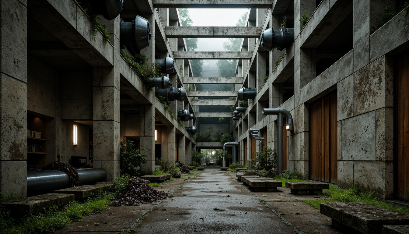 Prompt: Rough-hewn concrete walls, exposed ductwork, industrial pipes, metallic beams, weathered steel surfaces, raw wood accents, brutalist fortress-like structures, rugged stone foundations, moss-covered facades, overcast concrete textures, dramatic lighting effects, low-angle photography, cinematic composition, high-contrast ratios, ominous atmospheric mood, urban decay setting, abandoned industrial landscape.