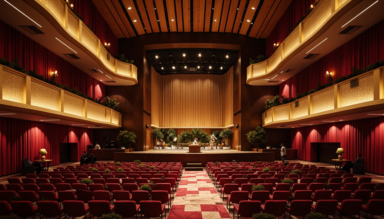 Prompt: Intimate concert hall, luxurious velvet seats, ornate golden balconies, sound-absorbing acoustic panels, curved wooden ceilings, professional audio equipment, spotlights on stage, dimmed ambient lighting, richly textured carpets, elegant marble floors, precise sound calibration, optimal speaker placement, crystal-clear sound reflections, minimal echo and reverberation, warm and inviting atmosphere, 1/2 composition, shallow depth of field, realistic textures, ambient occlusion.