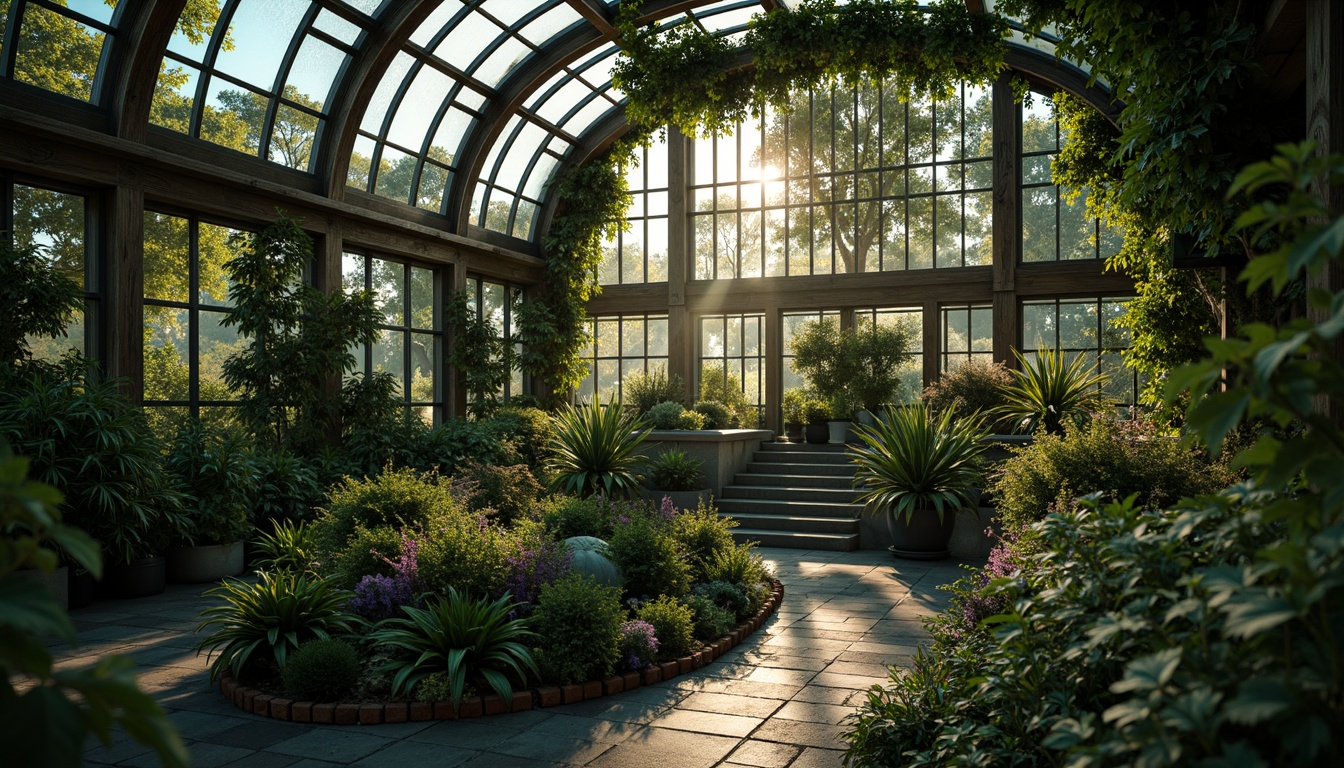 Prompt: \Mysterious greenhouse, overgrown vegetation, vines crawling walls, ornate ironwork, stained glass windows, moss-covered stone foundations, curved wooden beams, lantern-inspired lighting, soft misty atmosphere, warm golden hour, shallow depth of field, 1/2 composition, dramatic shadows, rich textures, ambient occlusion, emerald green, sage, moss, weathered wood, rusty metal, soft lavender, muted turquoise.\