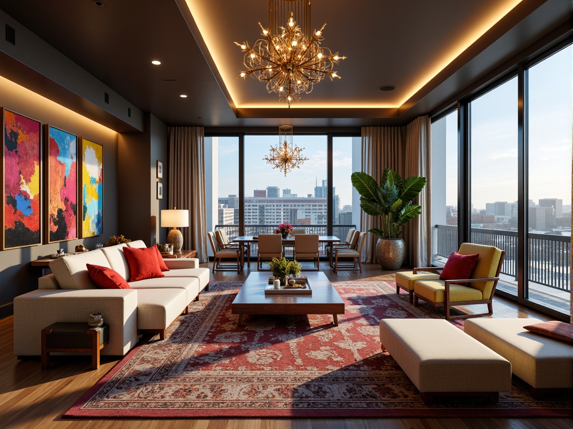 Prompt: Luxurious fusion-style interior, eclectic furniture, vibrant colorful accents, rich textures, metallic ornaments, grand chandeliers, statement lighting fixtures, plush area rugs, elegant wooden flooring, minimalist decor, sleek modern lines, open-plan living space, floor-to-ceiling windows, sliding glass doors, breathtaking city views, soft warm ambiance, 1/1 composition, shallow depth of field, realistic reflections.