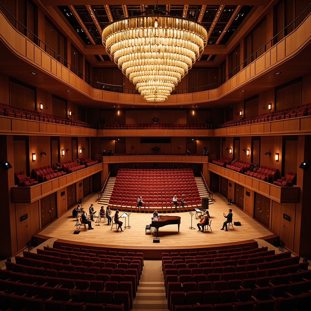 Prompt: Elegant concert hall, ornate chandeliers, plush red velvet seats, polished wooden flooring, sound-absorbing panels, diffused natural light, subtle LED lighting, grand piano, string instruments, acoustic guitars, microphone stands, professional audio equipment, tiered seating, curved balconies, intimate stage settings, warm ambiance, soft warm lighting, shallow depth of field, 2/3 composition, realistic textures, ambient occlusion.