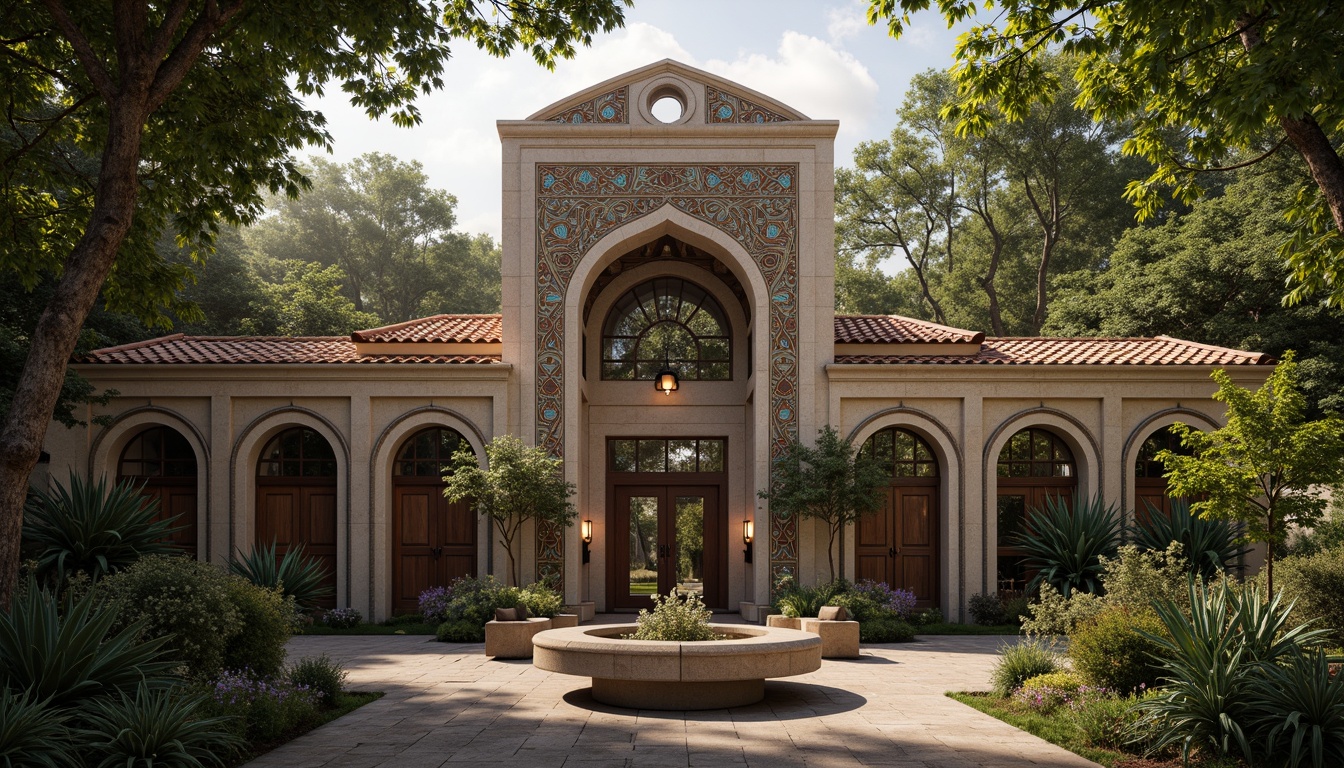 Prompt: Intricate zoo facade, Byzantine-inspired arches, ornate stone carvings, vibrant mosaic tiles, grand entrance gates, majestic bronze doors, rustic wooden accents, lush greenery, exotic animal enclosures, misty atmospheric lighting, shallow depth of field, 1/2 composition, warm golden hour, realistic textures, ambient occlusion.