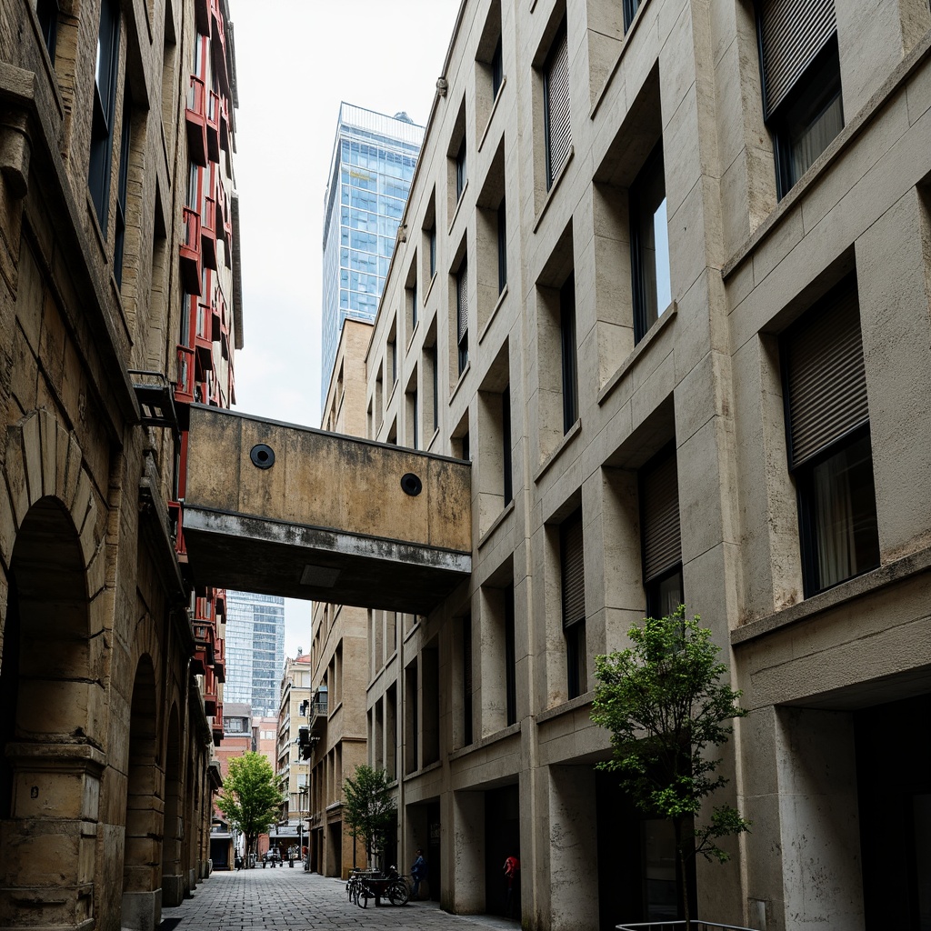 Prompt: Rugged brutalist architecture, rough-hewn concrete textures, industrial metal accents, weathered steel beams, raw exposed ductwork, muted color palette, earthy tones, warm beige, cool gray, industrial blue, bold red accents, urban cityscape, overcast skies, dramatic shadows, high contrast lighting, 1/1 composition, cinematic perspective, gritty realistic render.