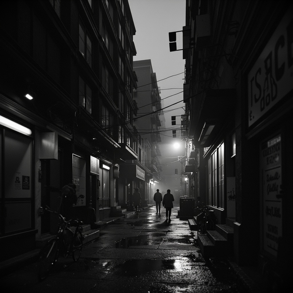 Prompt: Moody cinematic scene, deconstructed film noir, dark muted colors, high contrast shadows, eerie atmospheric lighting, old-school camera lenses, grainy textures, distressed film effects, avant-garde cinematography, Dutch angle shots, unsettling composition, bold graphic shapes, abstract expressionist patterns, stark black and white tones, nostalgic 35mm film aesthetic, vintage movie cameras, claustrophobic spaces, dimly lit alleys, rainy city nights, foggy mysterious atmosphere, low-key lighting, cinematic grain, 2.39 aspect ratio, anamorphic lenses, shallow focus, cinematic color grading.