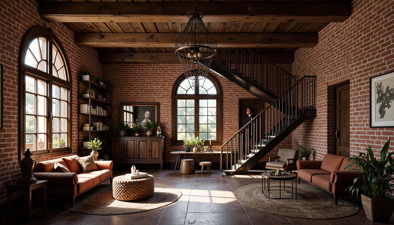 Prompt: Exposed brick walls, wooden beams, high ceilings, grand chandeliers, ornate metal railings, spiral staircases, arched windows, rustic stone flooring, rich velvet upholstery, vintage furniture pieces, warm earthy tones, soft diffused lighting, dramatic shadows, 1/1 composition, atmospheric perspective, realistic textures, ambient occlusion, cozy reading nooks, intimate dining areas, spacious living rooms, eclectic decorative accents.