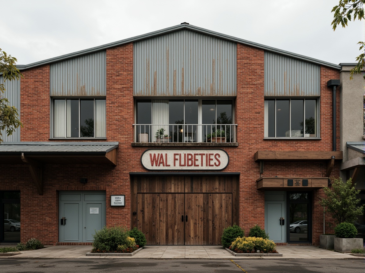 Prompt: Rustic warehouse facade, exposed brick walls, metal clad accents, industrial windows, corrugated roofing, reclaimed wood doors, vintage signage, distressed finishes, earthy color palette, urban landscape, morning mist, soft warm lighting, shallow depth of field, 3/4 composition, panoramic view, realistic textures, ambient occlusion.