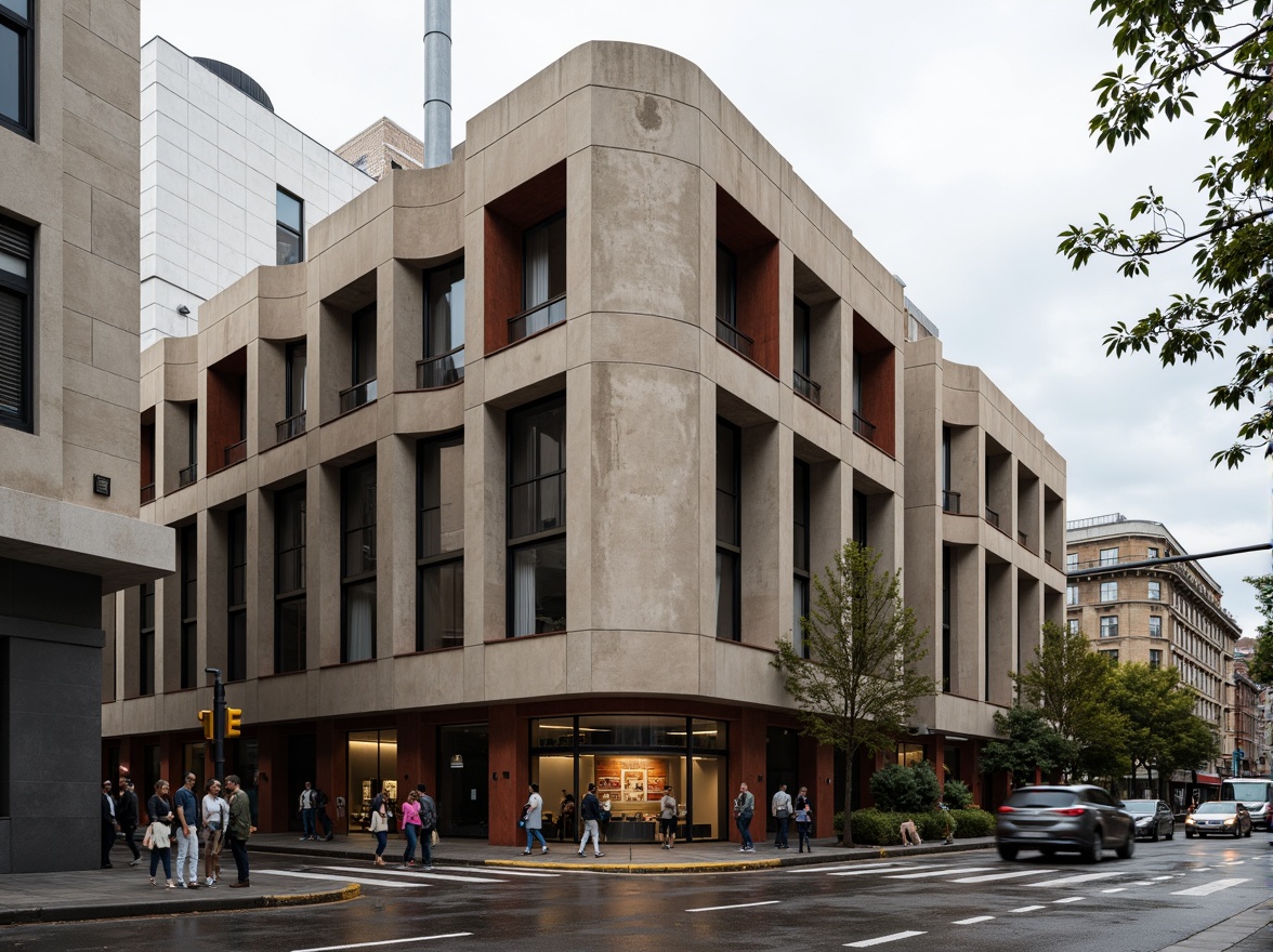 Prompt: Monumental bank building, Constructivist architecture, bold geometric shapes, industrial materials, exposed concrete walls, metallic beams, minimalist decor, functional design, muted color palette, earthy tones, rusted red accents, deep blue hues, neutral beige backgrounds, contrasting textures, brutalist influences, urban cityscape, overcast skies, dramatic lighting, high-contrast shadows, 1/1 composition, realistic render, ambient occlusion.