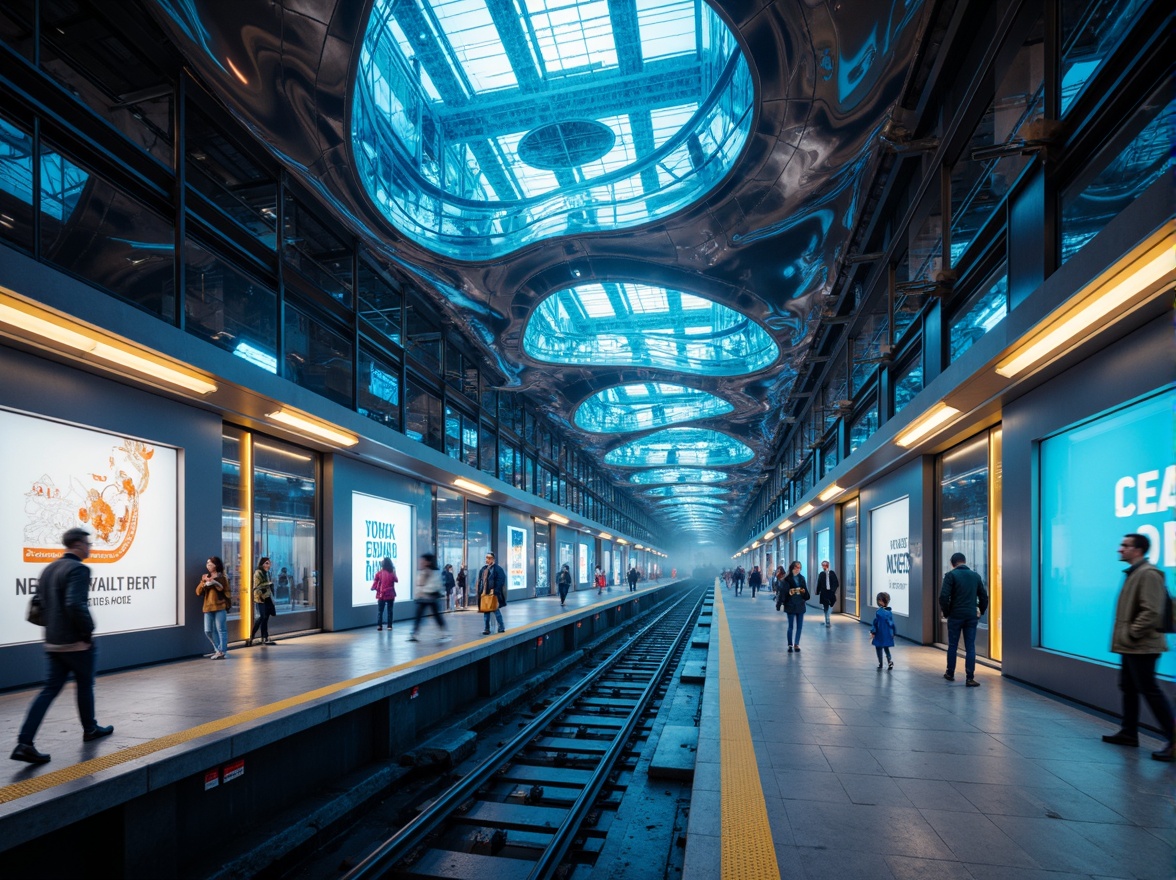 Prompt: Futuristic metro station, iridescent blob-like structures, glowing neon lights, translucent glass walls, undulating steel beams, mirrored ceilings, holographic advertisements, levitating walkways, smart traffic management systems, energy-harvesting floors, self-healing concrete, bioluminescent accents, atmospheric misting, ambient futuristic soundscape, shallow depth of field, 2/3 composition, cinematic lighting, realistic reflections, advanced wayfinding systems.