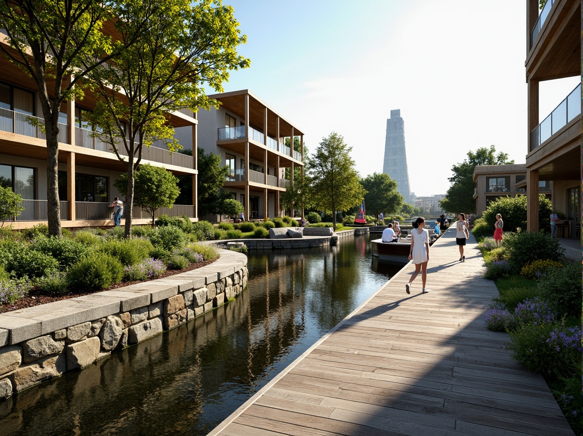 Prompt: Riverbank promenade, lush green vegetation, rustic wooden decks, meandering river path, tranquil water reflections, sailboats and kayaks, natural stone walls, modern riverbank architecture, sleek glass railings, cantilevered rooflines, overhanging eaves, warm earthy tones, organic textures, shallow depth of field, 1/1 composition, panoramic view, realistic water effects, ambient occlusion.