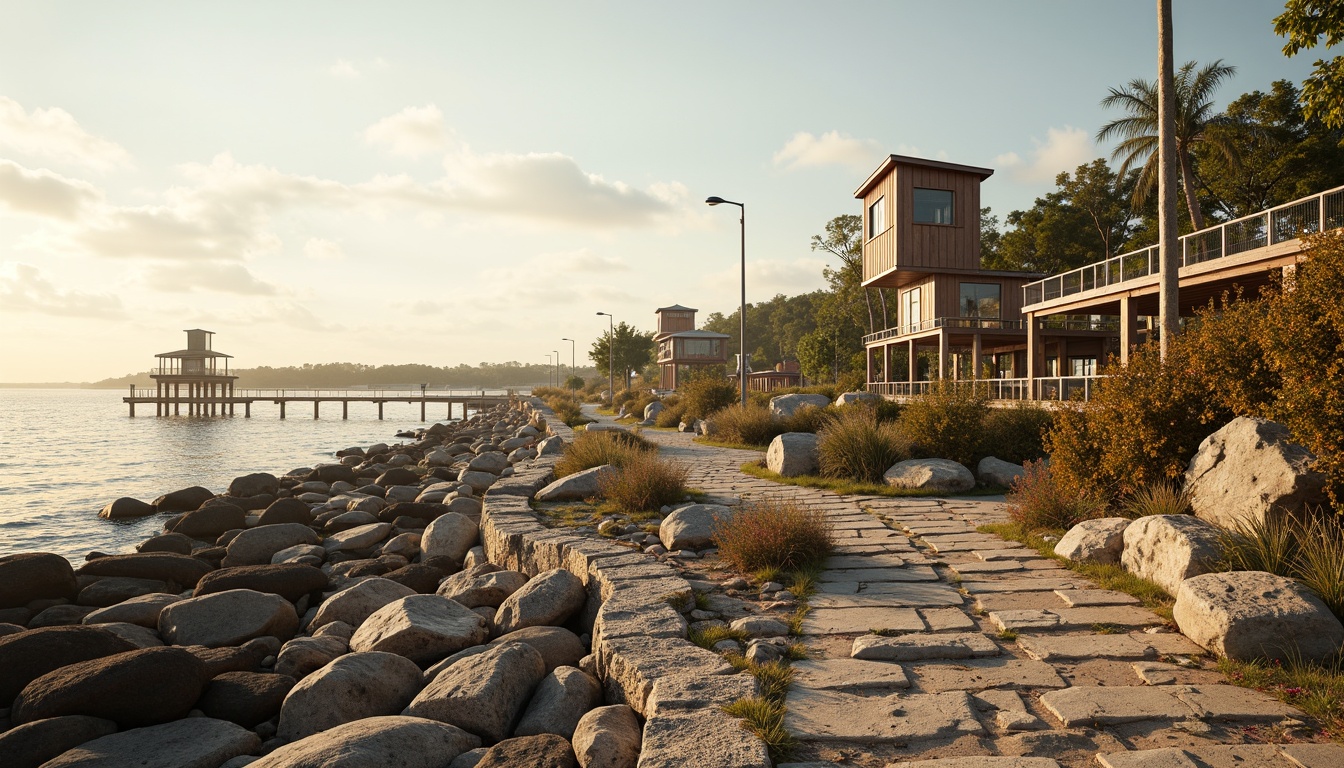 Prompt: Rugged coastline, weathered wooden piers, driftwood sculptures, sea-salted stone walls, sandy dunes, beachy grasses, ocean-worn rocks, coral reefs, shell-encrusted pathways, nautical ropes, distressed wooden signs, vintage lifeguard towers, warm sunny days, soft golden lighting, shallow depth of field, 3/4 composition, panoramic view, realistic textures, ambient occlusion.