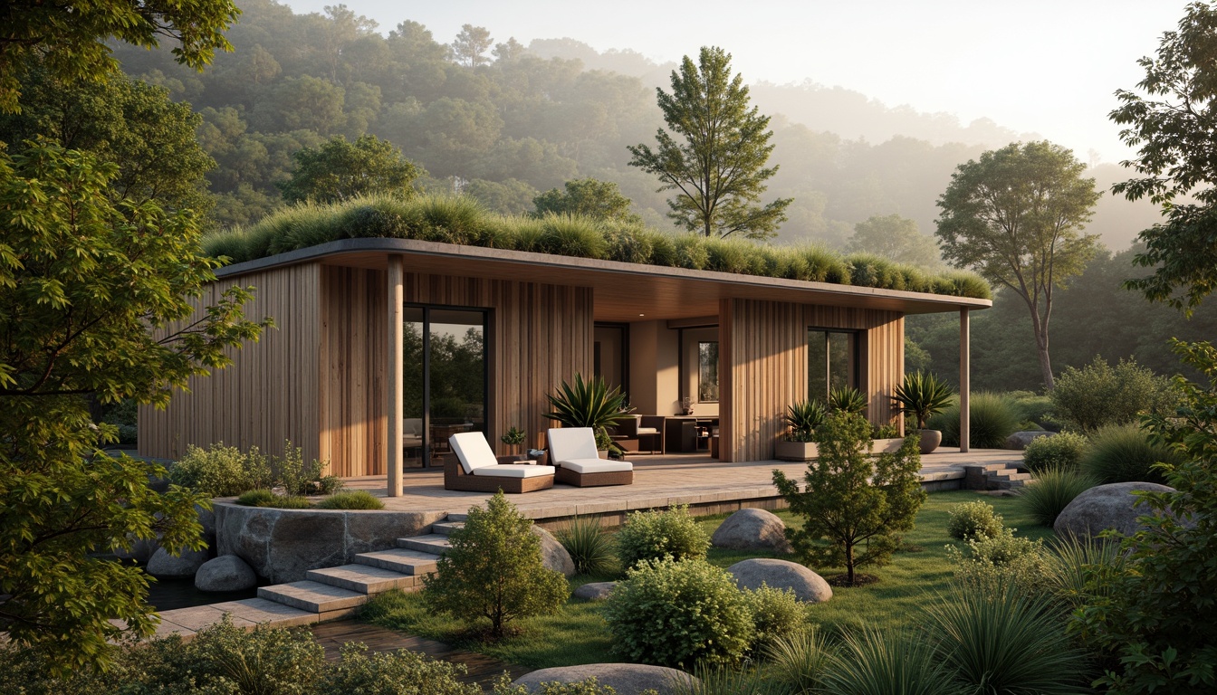 Prompt: Earth-toned eco-lodge, reclaimed wood accents, living green roofs, bamboo flooring, natural stone walls, organic curved lines, earthy color palette, lush forest surroundings, misty morning atmosphere, warm soft lighting, shallow depth of field, 1/1 composition, intimate panoramic view, realistic textures, ambient occlusion, rainwater harvesting systems, solar panels, wind turbines, composting facilities, recycling centers, sustainable forestry practices, locally sourced materials, minimalist design, innovative insulation technologies.