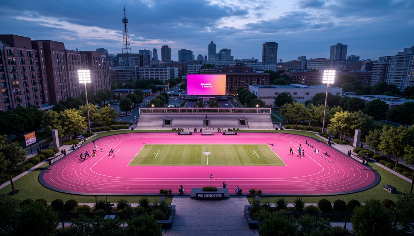 Prompt: Vibrant fuchsia sports fields, urban cityscape, sleek modern stadium, artificial turf, bold white lines, bright LED scoreboard, dynamic floodlights, evening atmosphere, soft warm lighting, shallow depth of field, 1/2 composition, realistic textures, ambient occlusion, athletic tracks, jumping hurdles, soccer goals, basketball hoops, tennis nets, energetic athletes, lively spectators, bustling city sounds.