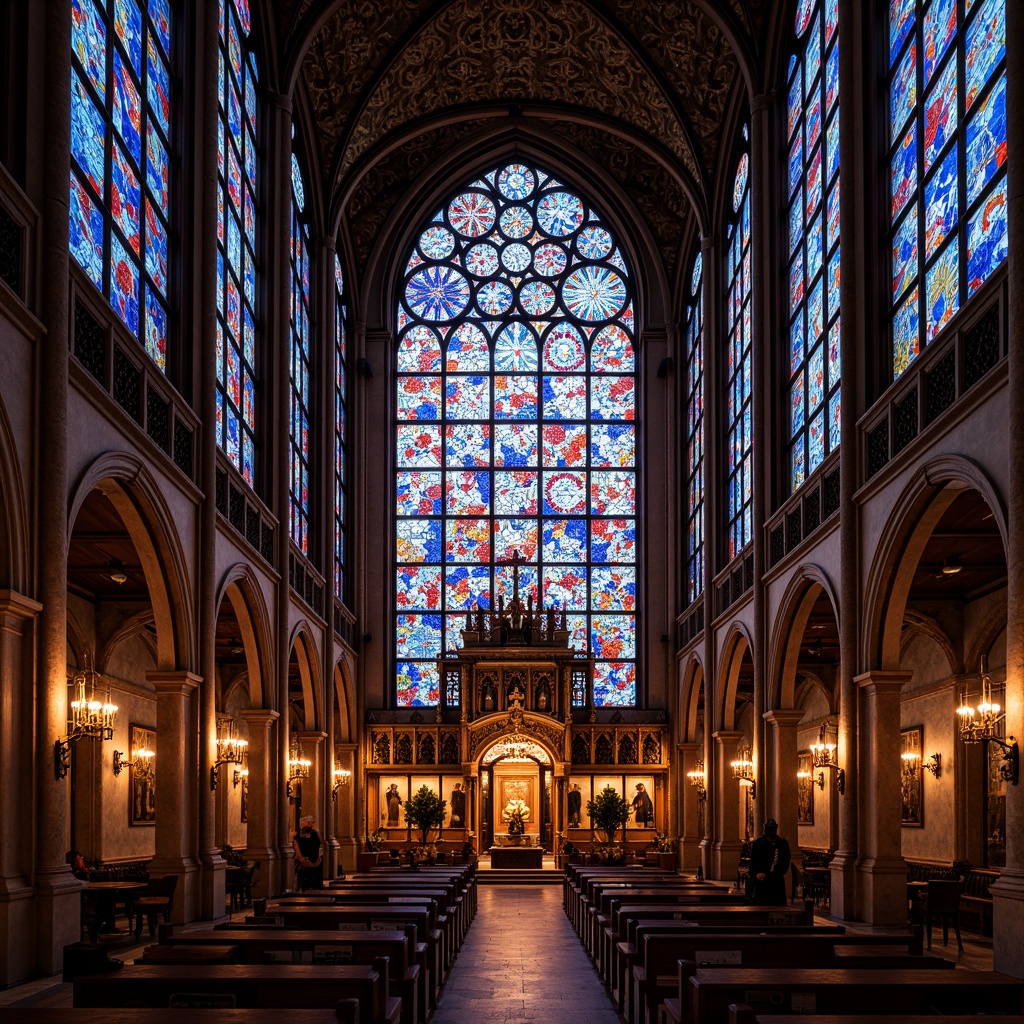 Prompt: Vibrant stained glass windows, kaleidoscope colors, intricate patterns, ornate details, Gothic Revival architecture, grand cathedrals, sacred spaces, luminous lighting, warm ambiance, rich textures, ornamental furnishings, decorative accents, colorful mosaics, geometric shapes, abstract designs, 1/1 composition, high-angle shot, dramatic shadows, soft focus, atmospheric perspective.