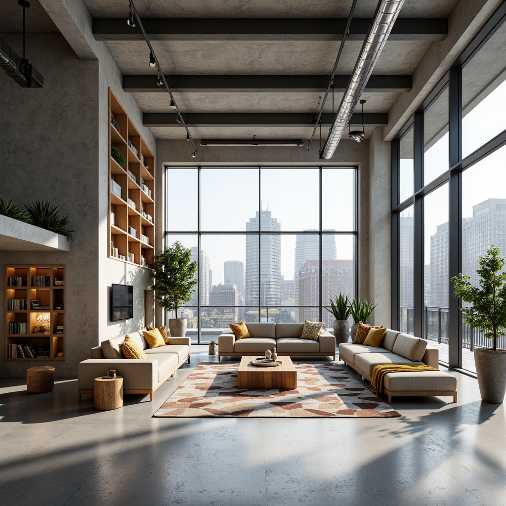 Prompt: Open-plan living area, minimal ornamentation, neutral color palette, polished concrete floors, industrial-chic metal beams, sleek low-profile furniture, modular shelving units, geometric-shaped rugs, abundant natural light, floor-to-ceiling windows, sliding glass doors, urban cityscape views, modern minimalist decor, functional layout, multi-functional spaces, flexible room dividers, hidden storage compartments, innovative lighting systems, warm-toned wooden accents, playful pops of bold color, 2-point perspective composition, shallow depth of field, softbox lighting.