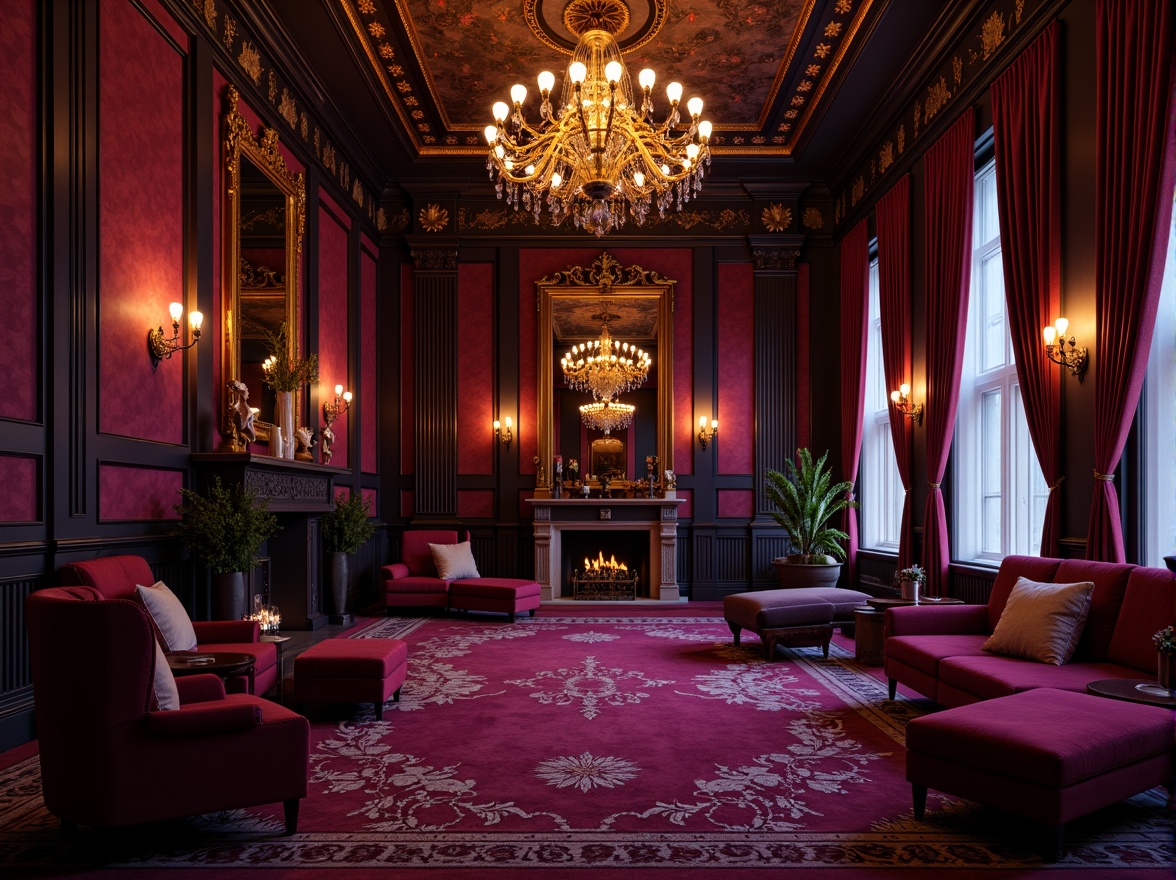 Prompt: Rich plum hues, luxurious velvet textures, ornate golden accents, lavish furnishings, opulent chandeliers, grandiose architectural details, mysterious twilight ambiance, warm softbox lighting, 1/1 composition, intimate atmosphere, moody color scheme, indulgent decorative elements, sophisticated elegance.