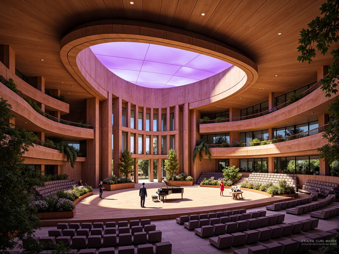 Prompt: Undulating concert hall, fluid curves, natural stone walls, wooden accents, warm ambient lighting, grand piano centerpieces, intimate performance spaces, soft cushioned seating, vibrant purple hues, metallic sound reflectors, intricate acoustic panels, minimalist decor, airy atriums, organic architecture, botanical-inspired patterns, lush greenery surroundings, sunny day, shallow depth of field, 1/1 composition, realistic textures, ambient occlusion.