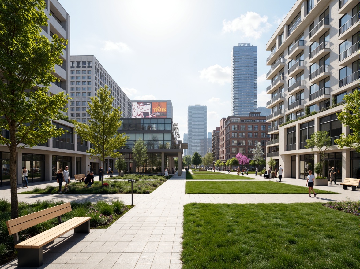 Prompt: Minimalist open plaza, lush green lawns, vibrant street art, modern benches, pedestrian walkways, natural stone pavement, sleek metal railings, transparent glass canopies, abundant natural light, airy atmosphere, shallow depth of field, 3/4 composition, panoramic view, realistic textures, ambient occlusion, spacious city squares, urban landscape, bustling streets, cosmopolitan vibe, eclectic mix of modern and historical buildings.