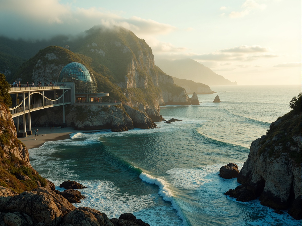 Prompt: Undulating coastal waves, rugged sea cliffs, misty ocean air, futuristic blob-shaped bridges, iridescent glass surfaces, parametric architecture, curved steel beams, suspension cables, kinetic motion, turbulent water flows, ocean-inspired patterns, bioluminescent lighting, soft blue-green hues, warm golden sunsets, shallow depth of field, 1/1 composition, wide-angle lens, realistic reflections, ambient occlusion.