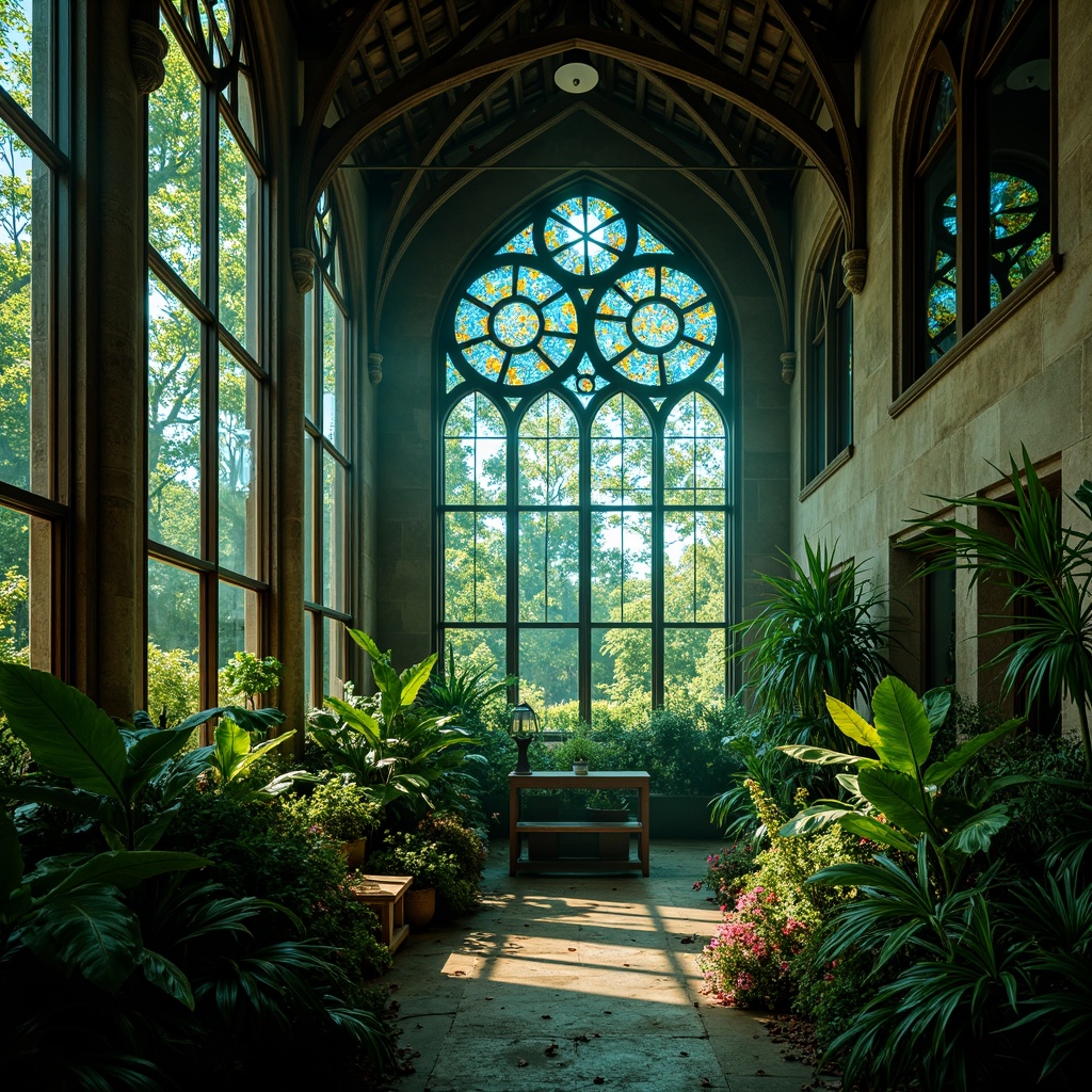 Prompt: Intricate stained glass windows, vibrant green and blue hues, ornate Gothic arches, lush tropical plants, misty atmosphere, warm natural light, rustic stone walls, delicate metal frameworks, curved wooden beams, mystical ambiance, soft diffused lighting, 1/1 composition, close-up shot, realistic textures, ambient occlusion.