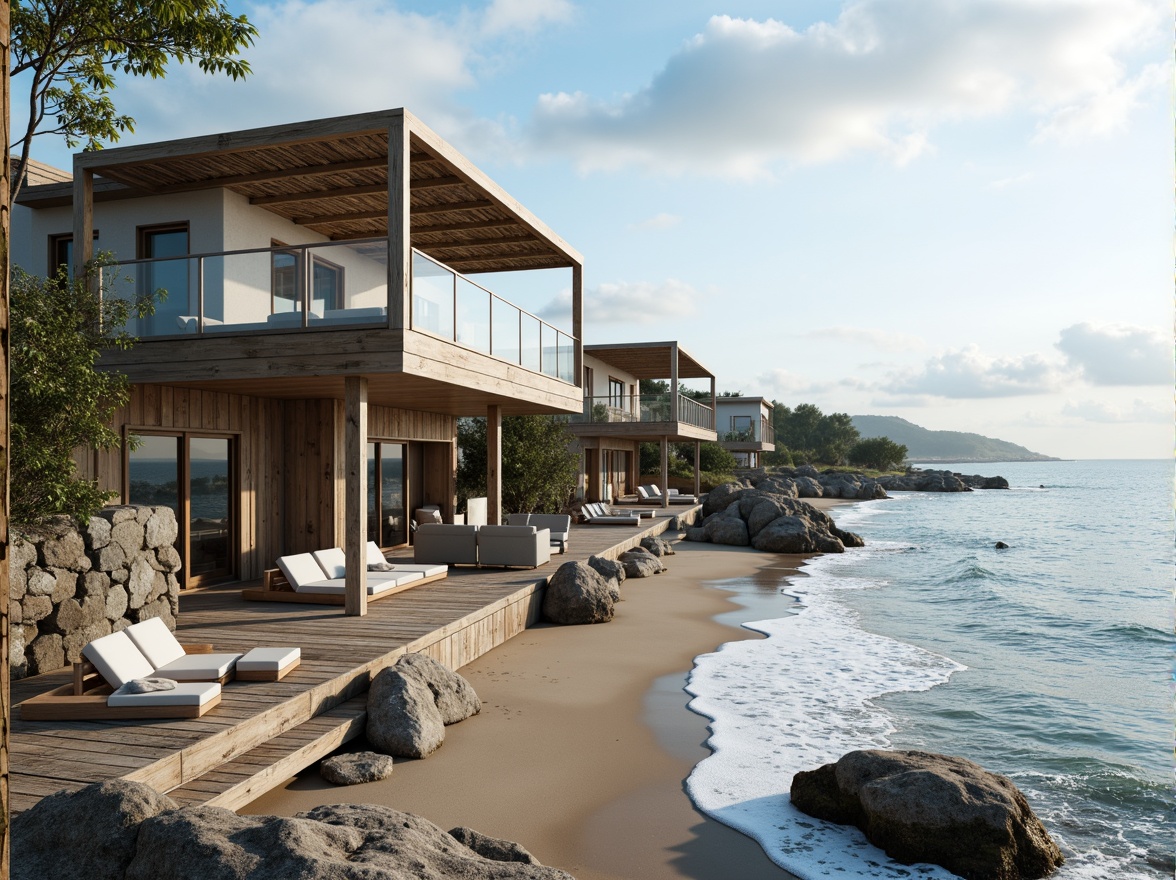 Prompt: Coastal buildings, ocean views, wave-cutting edges, weathered wooden decks, rustic beachy vibe, driftwood accents, sea-salt air, misty mornings, warm sandy beaches, tidal pools, rocky shores, dramatic cliffside settings, cantilevered structures, large windows, sliding glass doors, open floor plans, minimalist decor, natural textiles, woven fibers, ocean-inspired color palette, soft blue hues, creamy whites, weathered wood tones, ambient lighting, 1/1 composition, atmospheric perspective, realistic water effects.