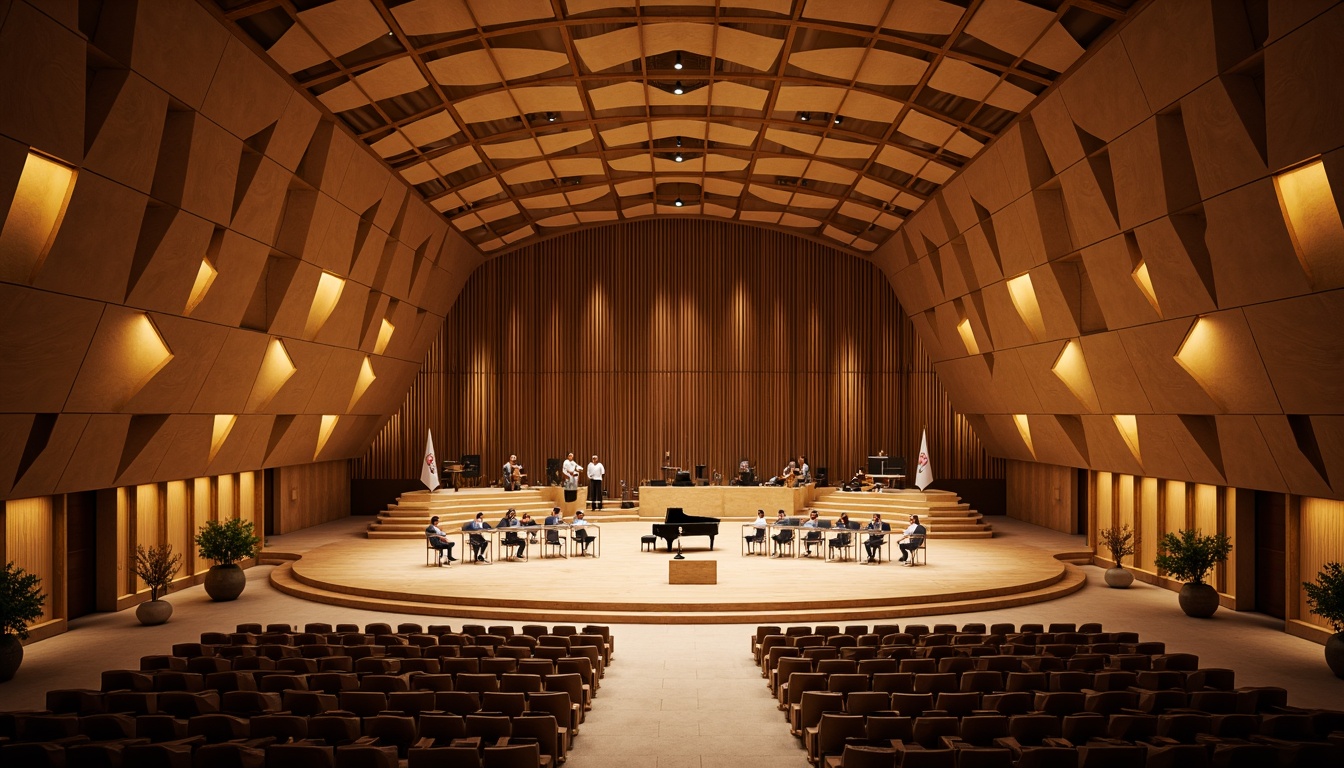 Prompt: Curved concert hall, organic shapes, fluid lines, natural materials, reclaimed wood accents, earthy tones, intimate seating, spotlights, warm ambiance, acoustic panels, soundproofing materials, minimalist decor, open floor plan, grand piano, musical instruments, softbox lighting, shallow depth of field, 1/1 composition, realistic textures, ambient occlusion.