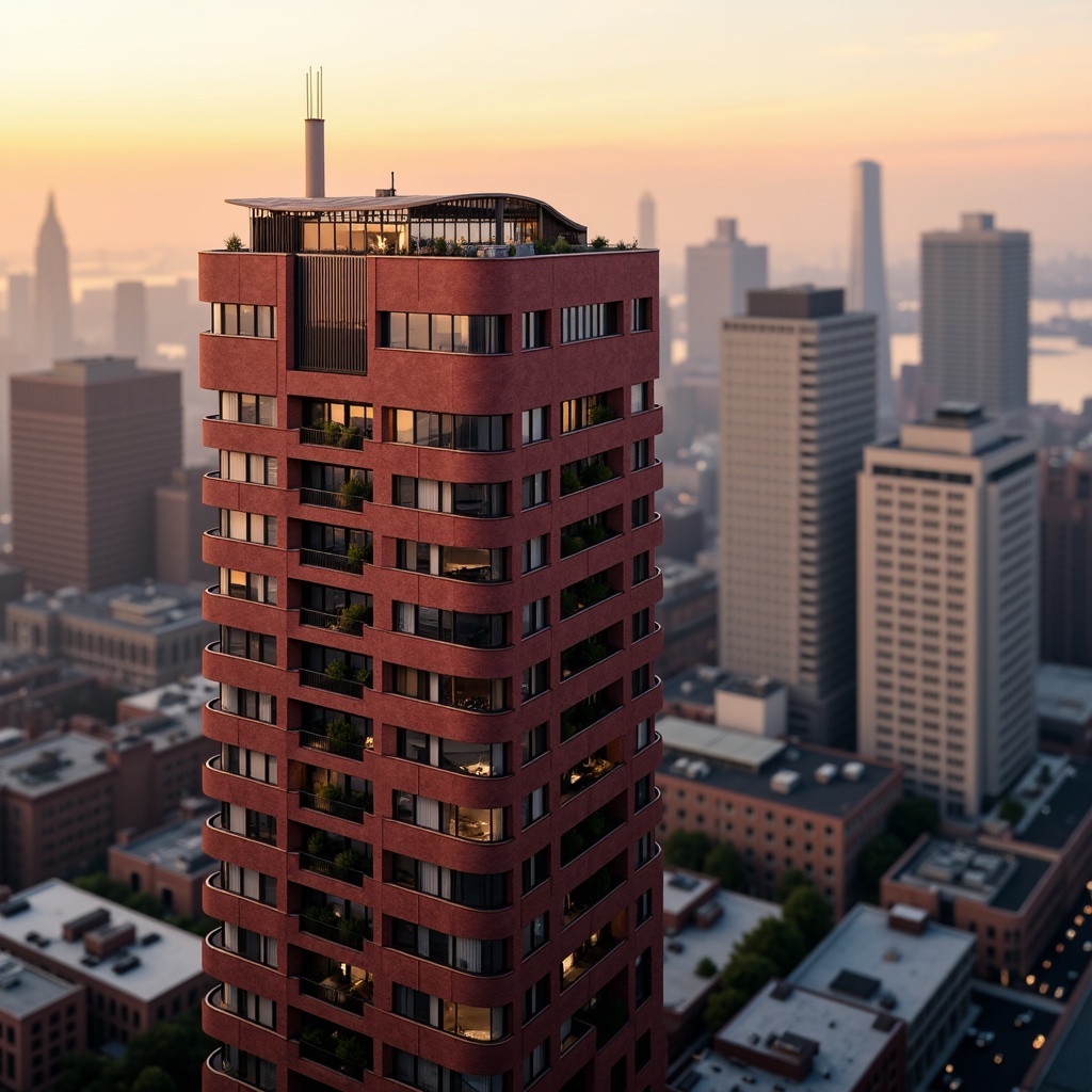 Prompt: Maroon skyscraper, luxurious high-rise building, sleek modern architecture, dark red-brown stone fa\u00e7ade, bronze metallic accents, reflective glass windows, angular rooftop design, panoramic city views, sunset warm lighting, soft atmospheric haze, shallow depth of field, 1/1 composition, realistic textures, ambient occlusion, urban metropolitan atmosphere, bustling streets, vibrant city life.