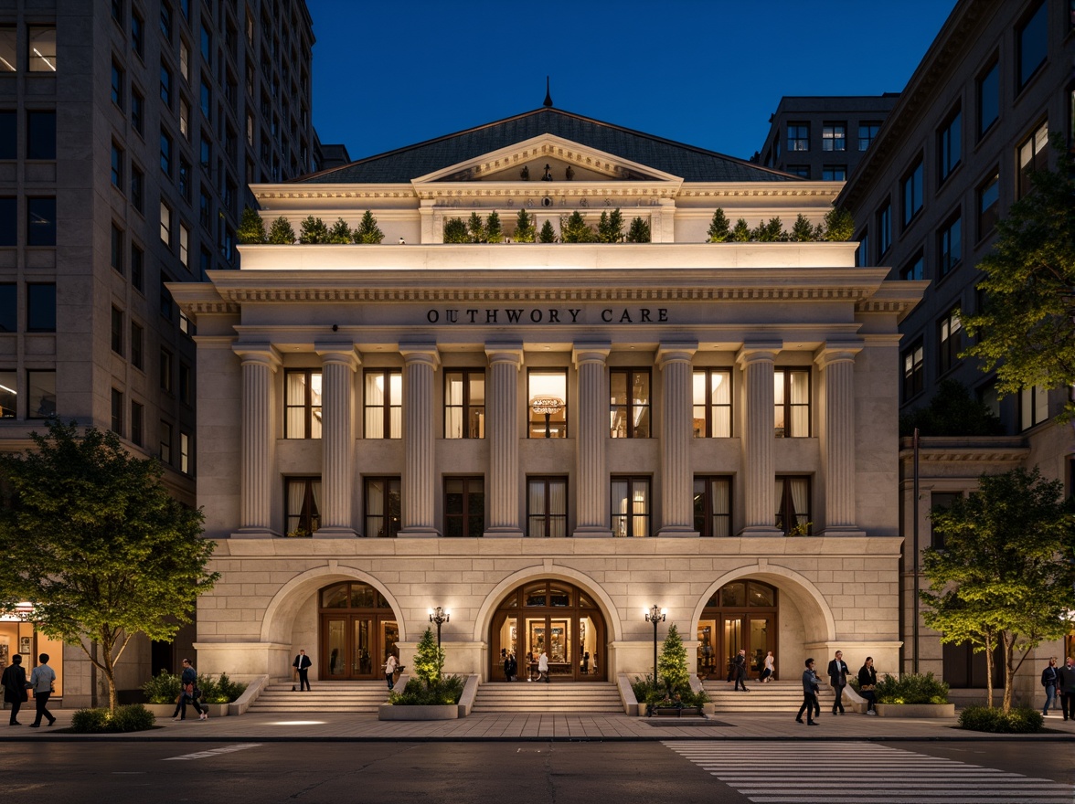 Prompt: Grand courthouse facade, neoclassical architecture, symmetrical composition, limestone walls, granite columns, ornate details, copper roofing, grand entrance staircase, bronze doors, modernist touches, minimalist ornamentation, subtle color palette, natural stone textures, dramatic nighttime lighting, high-contrast shadows, 1/1 composition, central axis symmetry, imposing scale, civic monumentality, urban context, bustling city streets, pedestrians in motion.