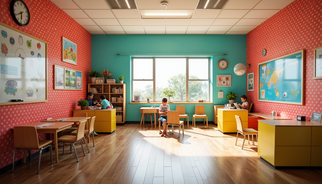 Prompt: Vibrant elementary school interior, bright coral walls, turquoise accents, yellow furniture, playful polka dots, educational posters, interactive whiteboards, wooden desks, ergonomic chairs, cozy reading nooks, natural wood flooring, ample sunlight, warm softbox lighting, shallow depth of field, 1/1 composition, realistic textures, ambient occlusion.