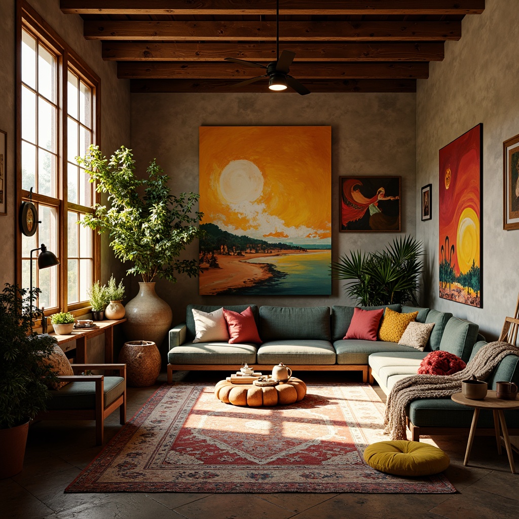 Prompt: Vibrant art studio, eclectic furniture, bohemian decor, rich wood accents, bold color blocking, warm golden lighting, textured fabrics, natural materials, earthy tones, moody atmosphere, dramatic shadows, soft focus, 2/3 composition, atmospheric perspective, abstract expressionist brushstrokes, layered glazes, impasto textures.