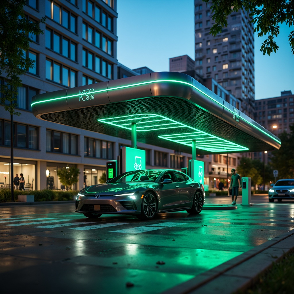 Prompt: Modern electric vehicle charging station, sleek metal framework, neon-lit signage, vibrant green accents, dynamic LED lights, urban cityscape, evening atmosphere, soft ambient glow, shallow depth of field, 1/1 composition, realistic textures, ambient occlusion, industrial-style flooring, stainless steel columns, futuristic architecture design, innovative technology integration.