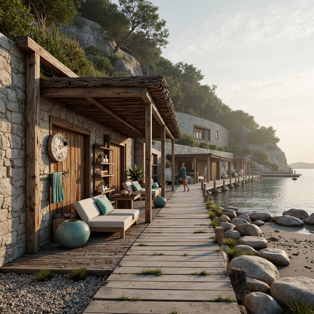 Prompt: Weathered wooden docks, driftwood accents, rough-hewn stone walls, sandy beach terrain, ocean-worn pebbles, sea-salt encrusted piers, fisherman's netting, nautical ropes, distressed finishes, coral-inspired patterns, shell-embellished decor, soft blue-green glass, wave-polished pebbles, sun-bleached wood, seaside vegetation, misty morning atmosphere, warm golden lighting, shallow depth of field, 1/2 composition, realistic textures, ambient occlusion.