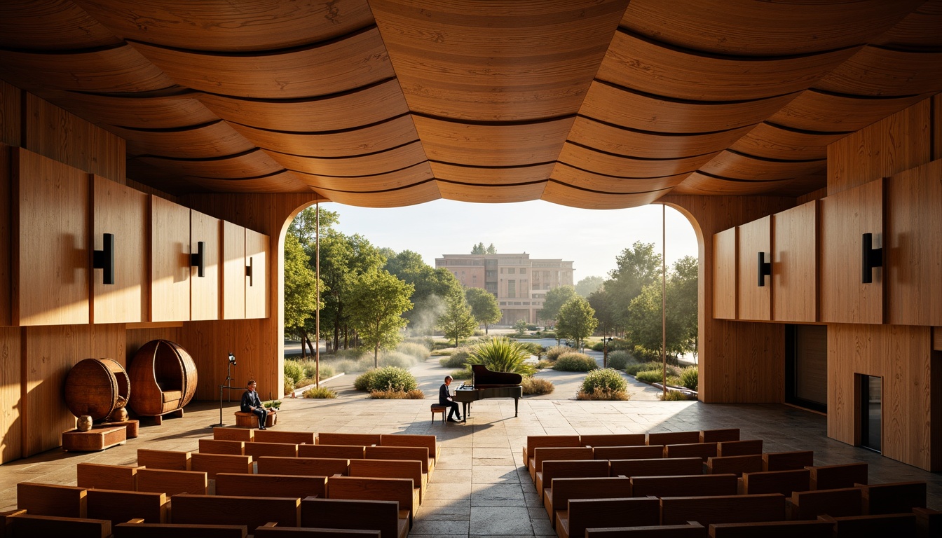 Prompt: Curved concert hall, undulating wooden panels, warm golden lighting, intimate seating areas, acoustic ceiling treatments, minimalist decor, natural stone flooring, organic shapes, flowing architecture, dramatic stage design, grand piano performance, soft focus, shallow depth of field, 1/1 composition, atmospheric misting, lush greenery surroundings, scenic outdoor spaces, serene ambiance.