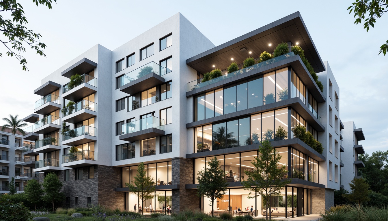 Prompt: Modern university building, international style facade, clean lines, minimal ornamentation, rectangular forms, flat roofs, large windows, glass balconies, aluminum frames, neutral color palette, subtle texture variation, natural stone accents, steel beams, cantilevered structures, open atriums, green walls, vertical gardens, soft indirect lighting, 1/2 composition, symmetrical balance, realistic materials, ambient occlusion.