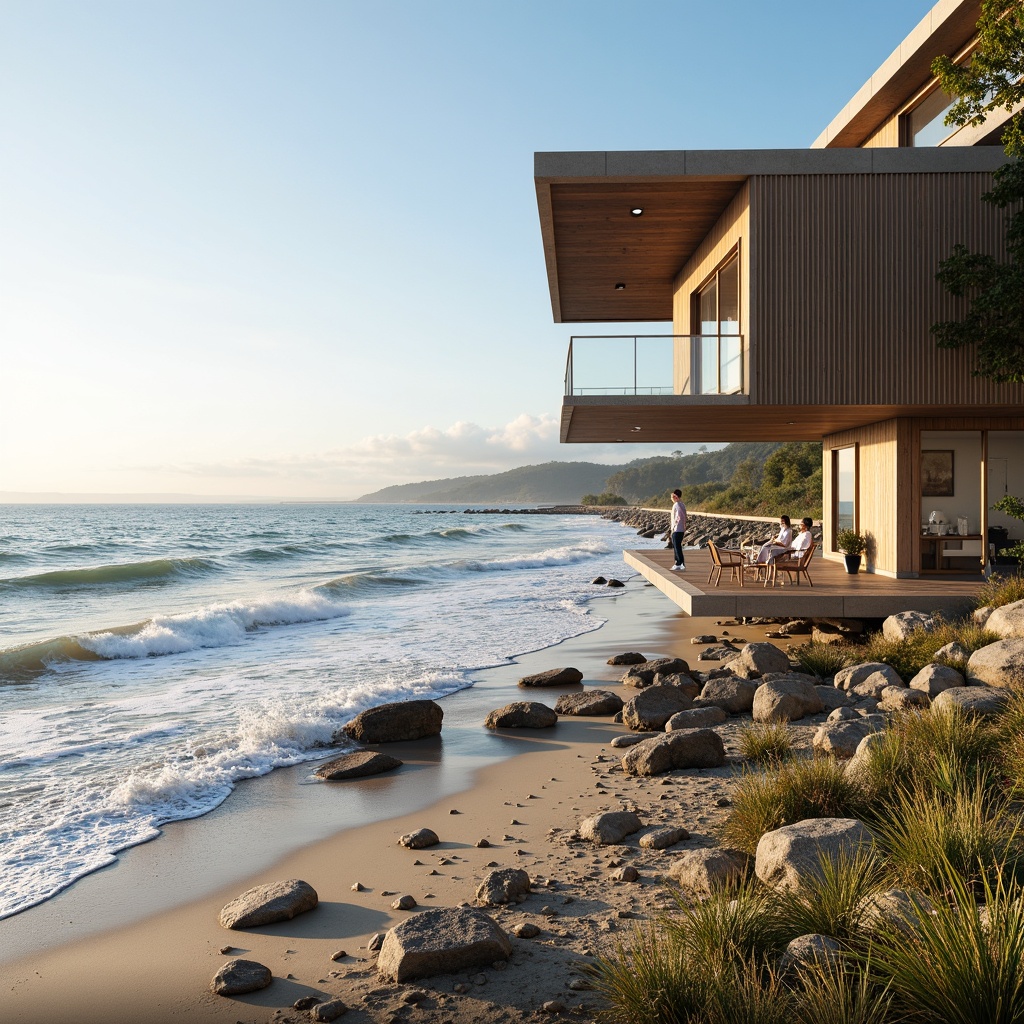 Prompt: Wave-crashing coastline, sandy beaches, rocky shores, driftwood accents, nautical ropes, beachy vibes, ocean-inspired color palette, weathered wood textures, corrugated metal cladding, cantilevered structures, minimalist modern architecture, floor-to-ceiling windows, sliding glass doors, seamless indoor-outdoor transitions, panoramic ocean views, 3/4 composition, shallow depth of field, warm natural lighting, subtle misting effects.