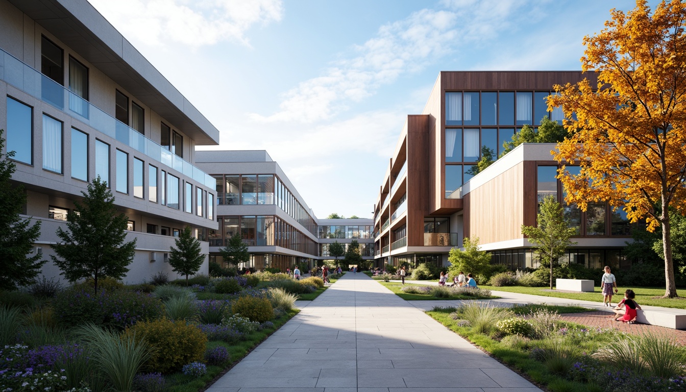 Prompt: Modern university campus, sleek glass facades, minimalist building forms, angular lines, cantilevered roofs, green roofs, solar panels, vertical gardens, natural stone walls, steel frames, wooden accents, vibrant colorful murals, abstract geometric patterns, futuristic LED lighting, shallow depth of field, 3/4 composition, panoramic view, realistic textures, ambient occlusion, sunny day, soft warm lighting.