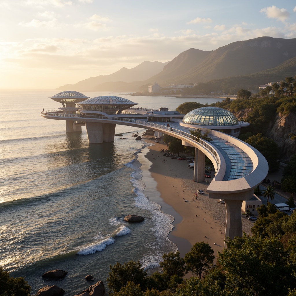 Prompt: Curved blob-shaped bridge, undulating coastline, ocean waves, sandy beach, seaside promenade, futuristic architecture, sleek metal structures, translucent canopies, cantilevered walkways, spiral staircases, iridescent glass railings, dynamic LED lighting, misty mornings, warm golden sunlight, shallow depth of field, 2/3 composition, panoramic view, realistic reflections, ambient occlusion.