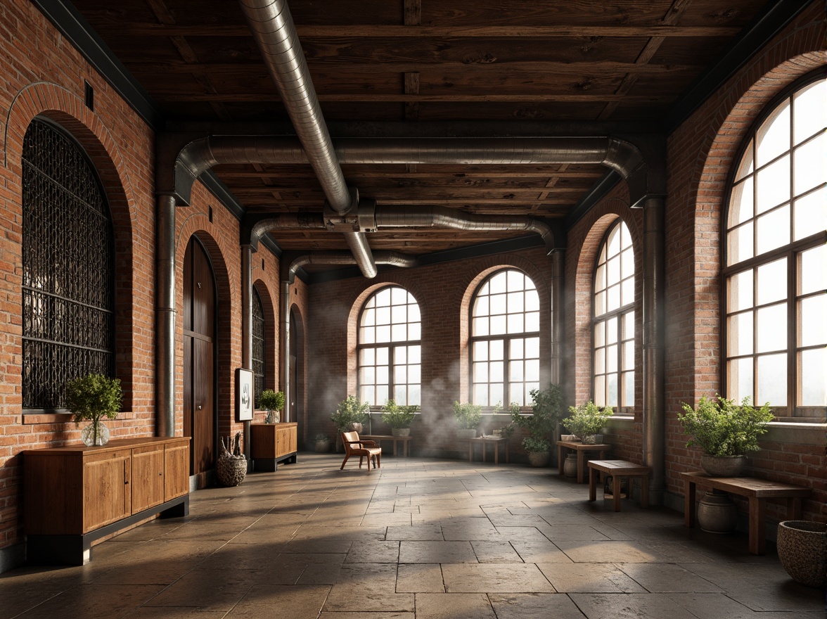 Prompt: Exposed brick walls, distressed wooden beams, industrial metal pipes, reclaimed wood accents, vintage decorative tiles, ornate cast-iron railings, grand arched windows, rustic stone floors, warm earthy color palette, soft natural lighting, atmospheric fog effect, cinematic composition, dramatic shadows, low-key ambient occlusion.