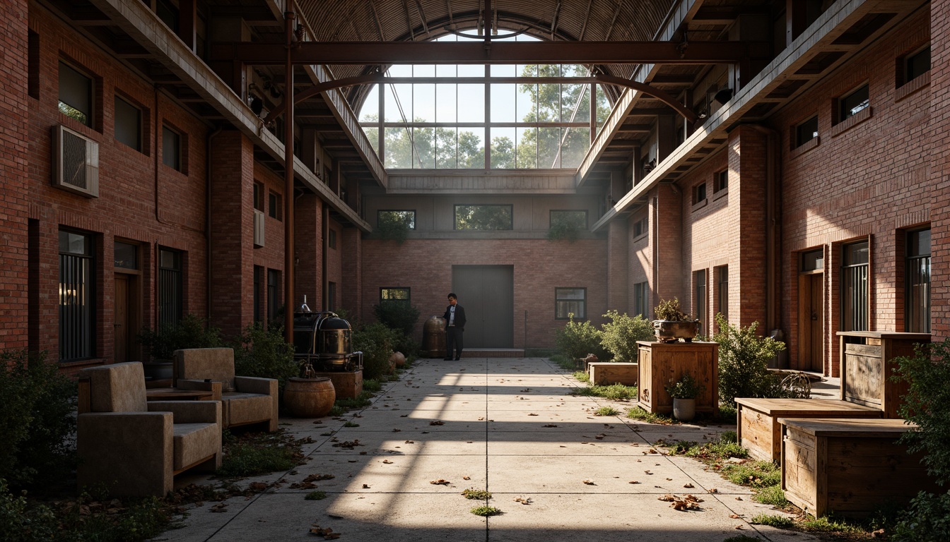 Prompt: Rustic industrial landscape, old factory buildings, exposed brick walls, metal beams, wooden crates, vintage machinery, distressed textures, earthy color palette, urban decay, abandoned spaces, gritty atmosphere, natural light, soft warm shadows, 1/2 composition, symmetrical framing, realistic rendering, ambient occlusion.