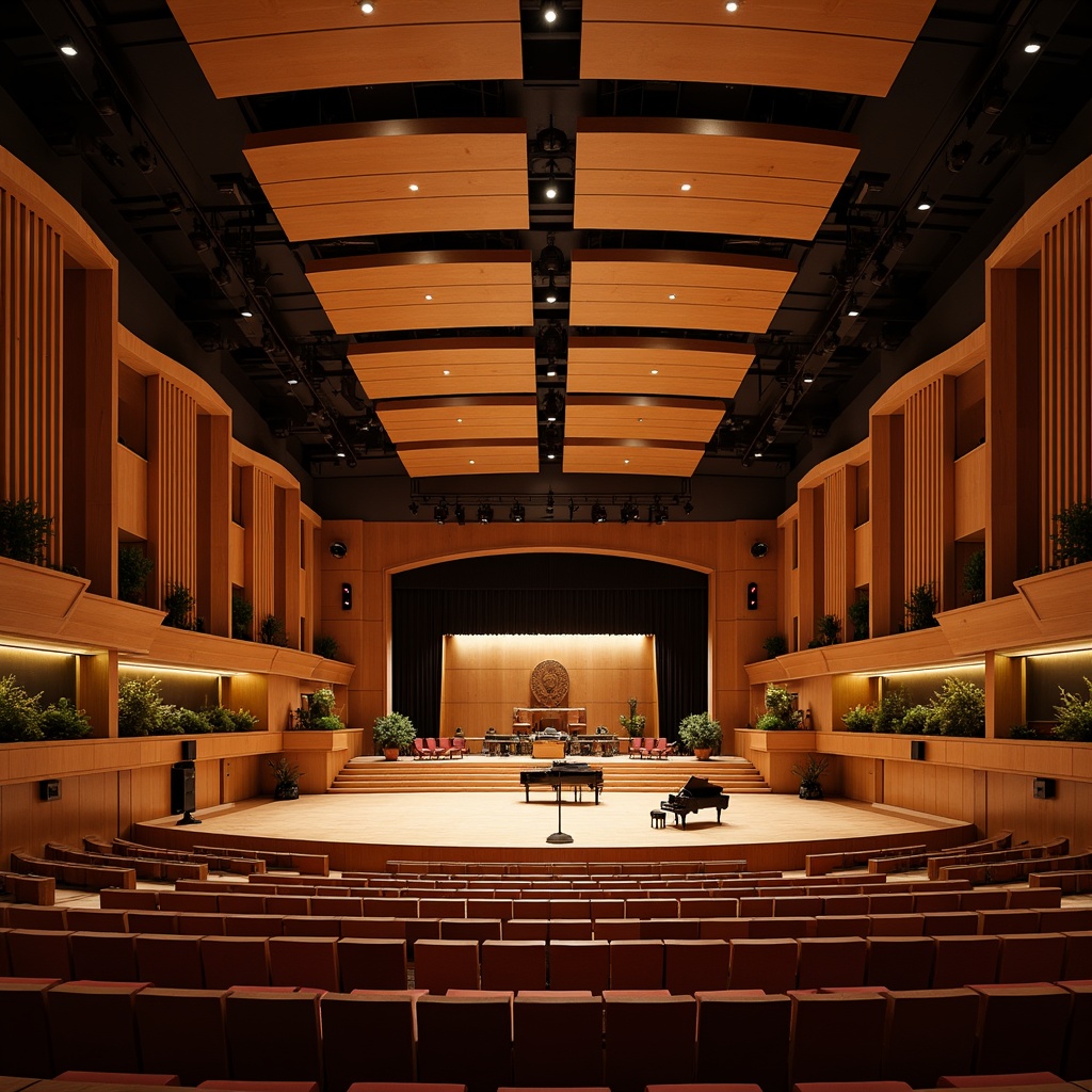 Prompt: Elegant concert hall, curved wooden panels, sound-absorbing materials, acoustic diffusers, suspended ceiling arrays, tiered seating, rich velvet curtains, polished wooden floors, subtle LED lighting, intimate stage settings, grand pianos, professional audio equipment, soundproofing insulation, optimal room dimensions, precise speaker placement, warm natural ambiance, shallow depth of field, 1/2 composition, softbox lighting, realistic textures, ambient occlusion.