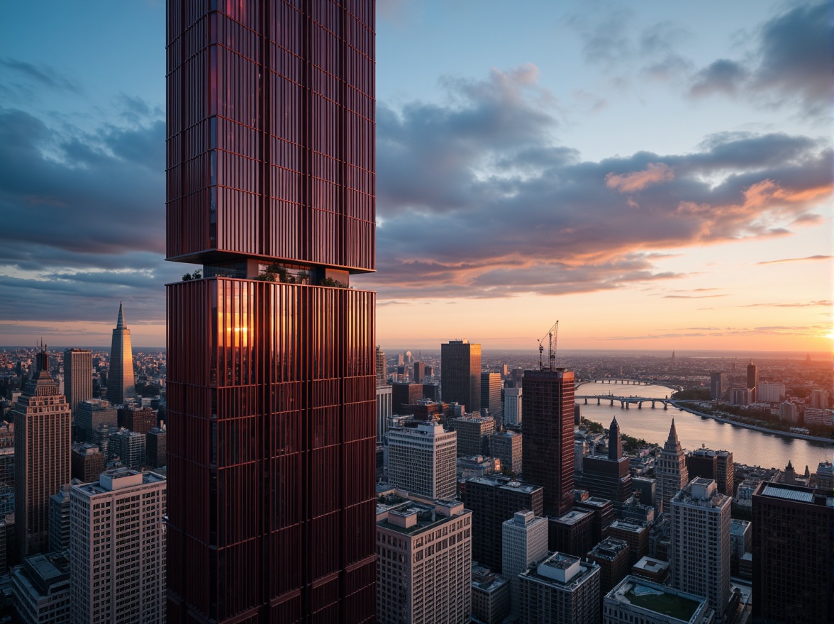 Prompt: Maroon skyscraper, sleek modern architecture, glass and steel fa\u00e7ade, dark red accents, luxurious high-rise building, urban cityscape, cloudy blue sky, dramatic sunsets, warm golden lighting, shallow depth of field, 3/4 composition, panoramic view, realistic reflections, ambient occlusion, marble floors, lavish interior design, grand entrance lobby, high-speed elevators, rooftop gardens, breathtaking views.