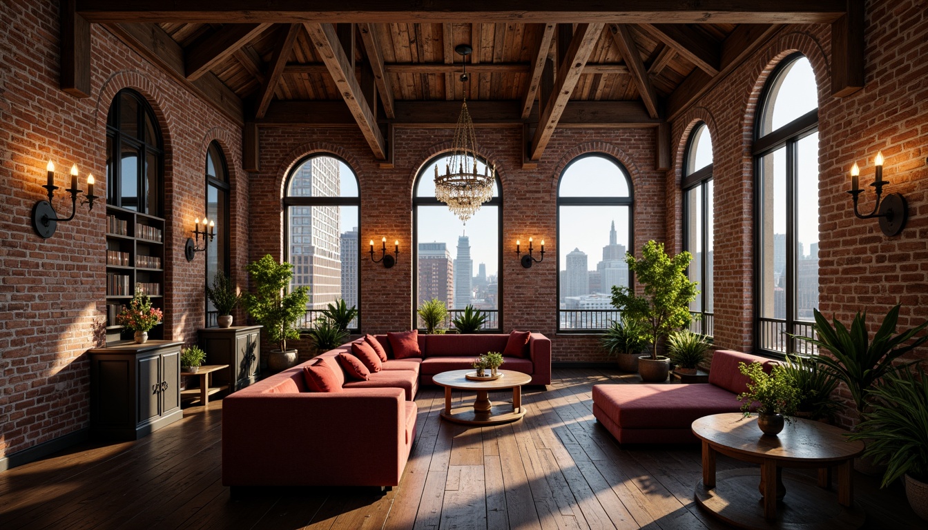 Prompt: Distressed brick walls, exposed wooden beams, ornate metalwork, grandiose archways, rich velvet fabrics, vintage industrial lighting, reclaimed wood floors, rustic stone accents, earthy tone color palette, dramatic high ceilings, ornamental iron railings, lavish chandeliers, majestic cityscape views, soft warm glow, low-key backlighting, cinematic composition, realistic ambient occlusion.