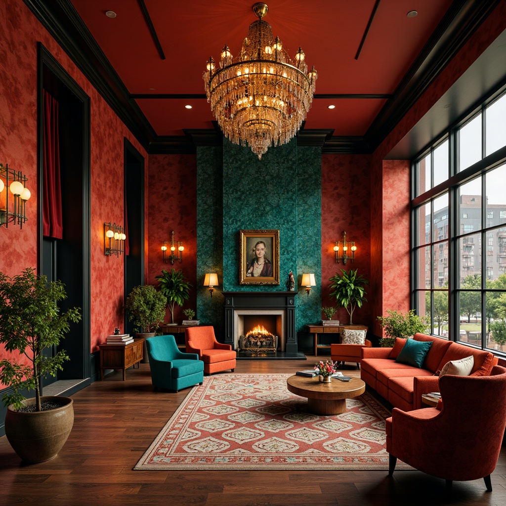 Prompt: Vibrant boutique hotel, lavish interior design, rich jewel-toned walls, opulent furniture, luxurious fabrics, metallic accents, subtle patterned rugs, elegant chandeliers, sophisticated ambiance, warm golden lighting, shallow depth of field, 1/1 composition, soft focus effect, realistic textures, ambient occlusion.