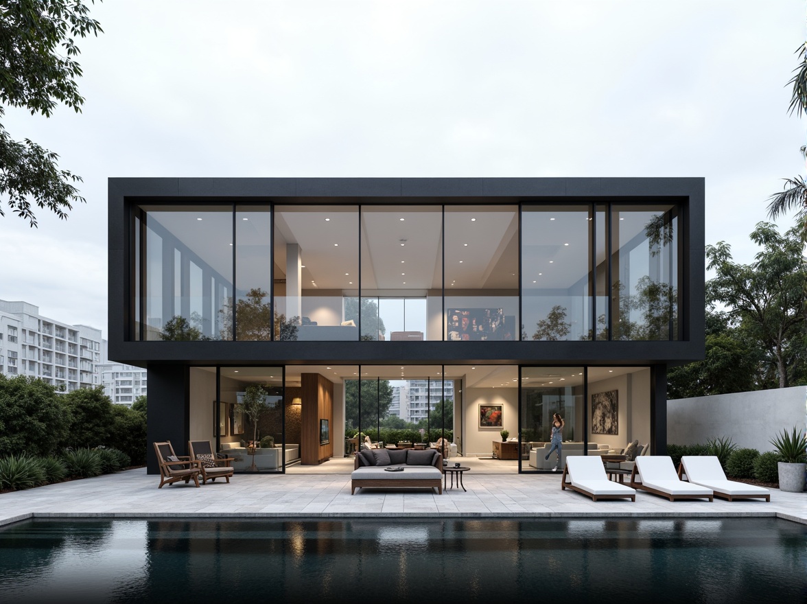 Prompt: Minimalist villa, transparent glass facades, open floor plans, sleek metal frames, reflective surfaces, angular lines, monochromatic color schemes, abundant natural light, airy atmosphere, sparse furnishings, geometric patterns, industrial materials, urban cityscape, overcast sky, soft diffused lighting, 1/1 composition, realistic reflections, ambient occlusion.