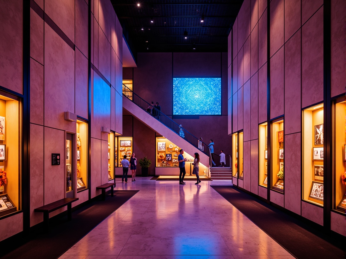 Prompt: Vibrant museum interior, warm ambient lighting, spotlight exhibits, LED display cases, interactive installations, futuristic architecture, polished marble floors, high ceilings, grand staircases, soft warm glow, dramatic shadows, 3/4 composition, shallow depth of field, realistic textures, ambient occlusion.