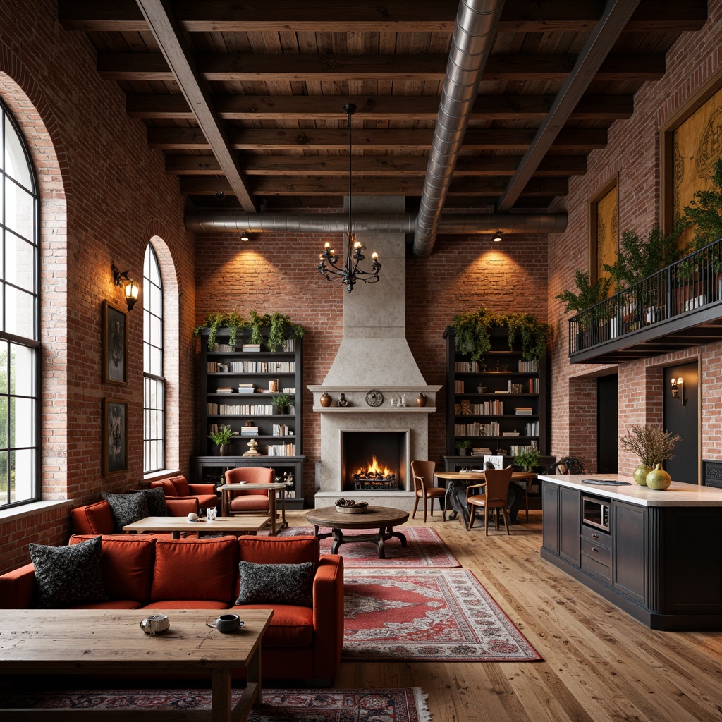 Prompt: Exposed brick walls, wooden beam ceilings, industrial metal pipes, reclaimed wood floors, cozy reading nooks, plush velvet sofas, ornate stone fireplaces, grand chandeliers, rich tapestries, minimalist kitchen islands, stainless steel appliances, natural stone countertops, rustic wooden tables, distressed leather armchairs, vintage decorative artifacts, soft warm lighting, atmospheric shadows, 1/1 composition, symmetrical framing, realistic textures, subtle color grading.