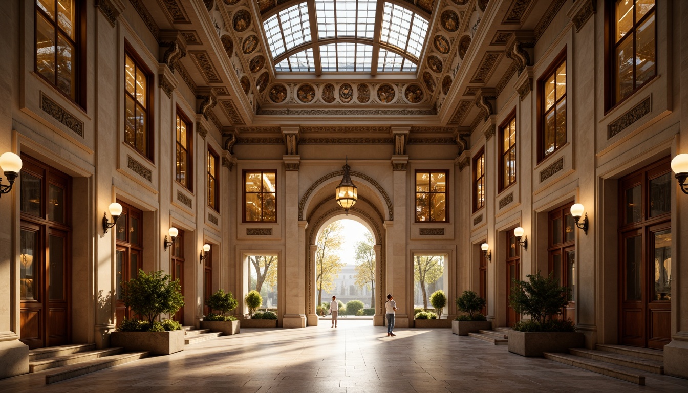 Prompt: Grand hospital entrance, ornate stone columns, intricately carved wooden doors, warm golden lighting, soft ambient glow, dramatic high ceilings, elegant chandeliers, subtle wall sconces, natural daylight, clerestory windows, stained glass ceiling decorations, luxurious marble floors, Renaissance-inspired arches, symmetrical composition, shallow depth of field, 1/1 aspect ratio, realistic textures, subtle atmospheric effects.